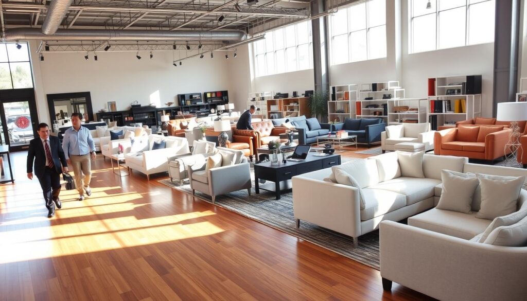 A spacious, well-lit furniture showroom, featuring an array of stylish sofas arranged in elegant vignettes. Sunlight streams in through large windows, casting a warm, inviting glow across the polished hardwood floors. Shoppers stroll leisurely, examining the plush upholstery and sleek, modern designs, as helpful sales associates offer guidance. The scene exudes a sense of tranquility and inspiration, perfectly capturing the experience of browsing for the perfect sofa in Singapore.