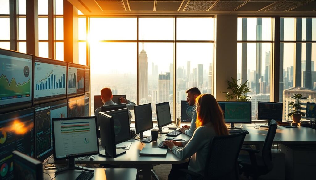 A state-of-the-art, data-driven office space bathed in warm, natural light. In the foreground, an array of sleek, high-resolution computer monitors displaying insightful visualizations and dashboards. Employees collaborate intently, harnessing the power of data to drive organizational excellence. The middle ground showcases a well-equipped, ergonomic workstation, with a modern, minimalist aesthetic. In the background, floor-to-ceiling windows offer a panoramic view of a vibrant, bustling cityscape, symbolizing the company's forward-thinking approach. An atmosphere of focused productivity, innovation, and a commitment to data-driven decision-making permeates the scene.