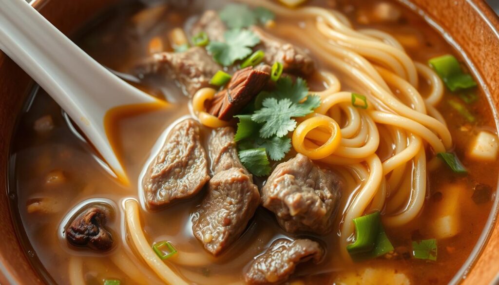 A steaming bowl of Taiwanese beef noodle soup, the rich broth filled with tender slices of beef, chewy noodles, and a medley of aromatic vegetables. The noodles are perfectly al dente, the beef meltingly soft, all simmered in a deep, complex broth seasoned with star anise, cinnamon, and soy. The bowl is garnished with scallions, cilantro, and a hint of chili oil, casting a warm, inviting glow. Photographed from a low angle, the noodles and beef prominently displayed, with the steam gently rising, creating an atmosphere of hearty, comforting indulgence.