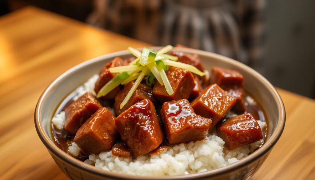 A steaming bowl of braised pork rice, the centerpiece of a Taiwanese culinary classic. In the foreground, tender cubes of pork belly, slowly simmered in a rich soy-based sauce, glistening with caramelized edges. Nestled beneath, a bed of fluffy white rice, absorbing the savory flavors. The middle ground features a garnish of crisp, pickled mustard greens, adding a tangy contrast. Surrounding the dish, a subtle backdrop of warm, diffused lighting, evoking the cozy atmosphere of a beloved local eatery. The overall scene exudes comfort, authenticity, and the mouthwatering allure of this iconic Taiwanese dish.