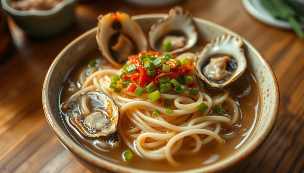 A steaming bowl of delicate mee sua noodles, glistening with a rich broth and topped with succulent, plump oysters. The noodles are perfectly cooked, their delicate texture contrasting with the tender bites of the oysters. A sprinkling of chopped scallions and a drizzle of fragrant chili oil add vibrant pops of color and flavor. The scene is illuminated by warm, soft lighting, casting a comforting glow over the dish. The camera angle is slightly elevated, allowing the viewer to take in the full, enticing composition. This image captures the essence of a classic Taiwanese comfort food - a harmonious blend of textures, tastes, and aromas that beckons the senses.