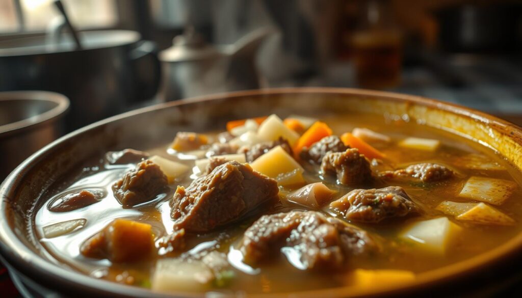 A steaming bowl of homemade mutton soup broth, its surface glistening with a layer of rich, golden fat. In the foreground, tender chunks of slow-simmered mutton meat float in the fragrant liquid, infused with the earthy aroma of aromatic spices. The middle ground features a selection of freshly chopped vegetables, including carrots, onions, and potatoes, adding depth and texture to the soup. In the background, a dimly lit kitchen setting with warm, soft lighting casts a cozy, comforting ambiance, inviting the viewer to savor the heartwarming flavors of this Singaporean specialty.