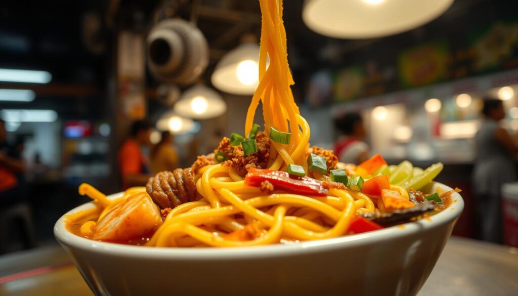 A steaming bowl of mee rebus, the quintessential Singaporean hawker dish. In the foreground, thick, rich gravy cascades over the springy yellow noodles, infused with the fragrant notes of shrimp, belacan, and spices. Surrounding the noodles, an array of garnishes - crunchy fried shallots, tangy pickled vegetables, and a generous sprinkle of chopped green onions. The background is a dimly lit, atmospheric hawker center, with the warm glow of fluorescent lights casting a gentle ambiance. The image is captured with a shallow depth of field, focusing the viewer's attention on the beautifully plated mee rebus, conveying the mouthwatering appeal of this beloved local delicacy.