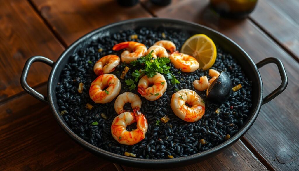 A steaming dish of squid ink paella, its inky black rice glistening under the warm glow of an overhead spotlight. The seafood - plump shrimp, tender squid, and succulent mussels - arranged artfully atop the rice, their colors vibrant against the dark backdrop. A sprinkle of chopped parsley adds a fresh touch, while a wedge of lemon waits to be squeezed over the entire dish, brightening the flavors. The paella is presented on a rustic, wooden table, its weathered surface complementing the earthy tones of the meal. The setting is intimate, with a soft focus on the paella, drawing the viewer's attention to the dish's unique and captivating appearance.