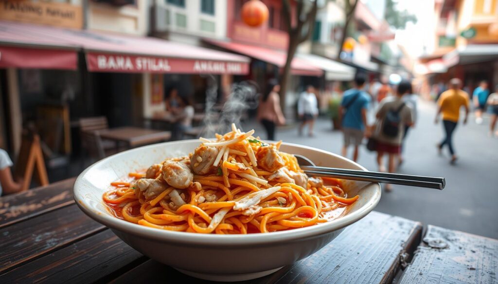 A steaming plate of mee siam, the classic Singaporean noodle dish, sits on a weathered wooden table. The vibrant red-orange hue of the noodles glistens under warm, soft lighting, enticing the senses. Shreds of chicken, tender bean sprouts, and a sprinkling of crushed peanuts adorn the dish, creating a visually stunning and appetizing composition. In the background, a bustling street scene in Tanjong Pagar, with its quaint shophouses and lively pedestrian activity, sets the scene for this local favorite. The image conveys the comforting and flavorful essence of this beloved Singaporean delicacy.