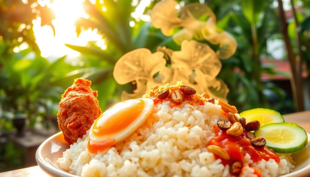 A steaming plate of nasi lemak set against a backdrop of lush greenery, with a warm tropical sun casting a gentle glow. In the foreground, a mound of fragrant coconut-infused rice, accompanied by a crispy fried chicken wing, a boiled egg, and a vibrant sambal sauce. The mid-ground features a sprinkling of fried anchovies, roasted peanuts, and a sprinkle of crisp cucumber slices, adding texture and flavor. The background showcases the lush, verdant foliage of a Singapore neighborhood, hinting at the local charm and authenticity of this beloved national dish. The overall scene evokes a sense of comfort, warmth, and the rich culinary heritage of Singapore.