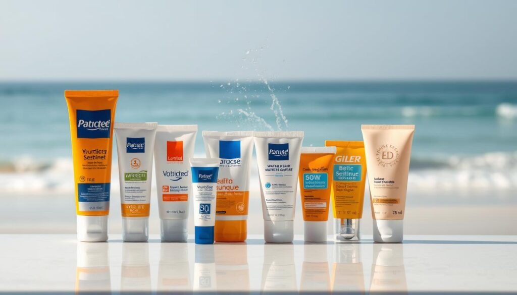 A still life showcasing an assortment of water-resistant sunscreens. In the foreground, several tubes and bottles of sunscreen sit atop a smooth, reflective surface, their labels clearly visible. The middle ground features a mist of water droplets, hinting at the products' water-resistant properties. In the background, a blurred, tranquil beach scene with gentle waves lapping at the shore sets the mood. The lighting is soft and diffused, creating a subtle, calming atmosphere. The camera angle is slightly elevated, providing an unobstructed view of the sunscreen products.
