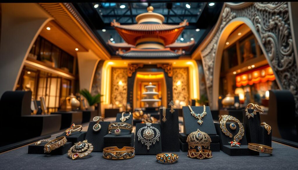 A stunning display of contemporary jewelry designs, showcased against a backdrop of traditional architectural elements. In the foreground, delicate gold and silver pieces with intricate patterns and gemstone accents capture the eye. The middle ground features a warm, ambient lighting that casts a soft, inviting glow, highlighting the artistry and craftsmanship. In the background, a blend of sleek modern structures and ornate traditional motifs, such as intricate carvings and rich textiles, creates a harmonious fusion of old and new. The overall composition evokes a sense of timeless elegance and the perfect balance between innovation and heritage.
