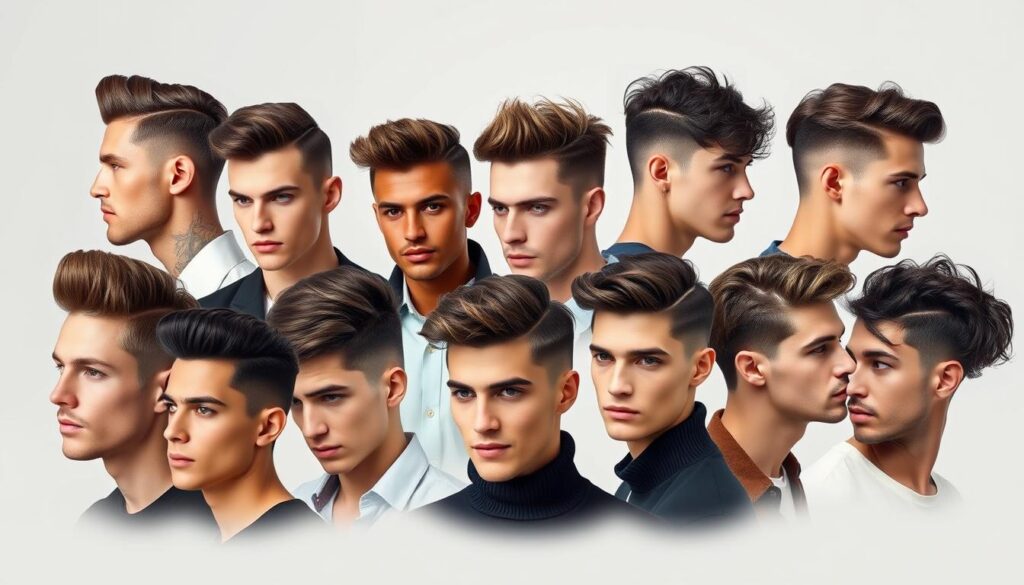 A stylish compilation of the latest trendy men's hairstyles, captured in a modern and dynamic photographic setting. The foreground features a diverse array of models showcasing a range of fashionable cuts, from sleek and undercut styles to textured quiffs and messy waves. The middle ground showcases the models in a minimalist, well-lit studio environment, emphasizing the attention to detail and craftsmanship of the hairstyles. The background is a clean, neutral backdrop that allows the hairstyles to take center stage, creating a refined and aspirational atmosphere. Crisp, high-resolution rendering with a professional, editorial-style aesthetic.