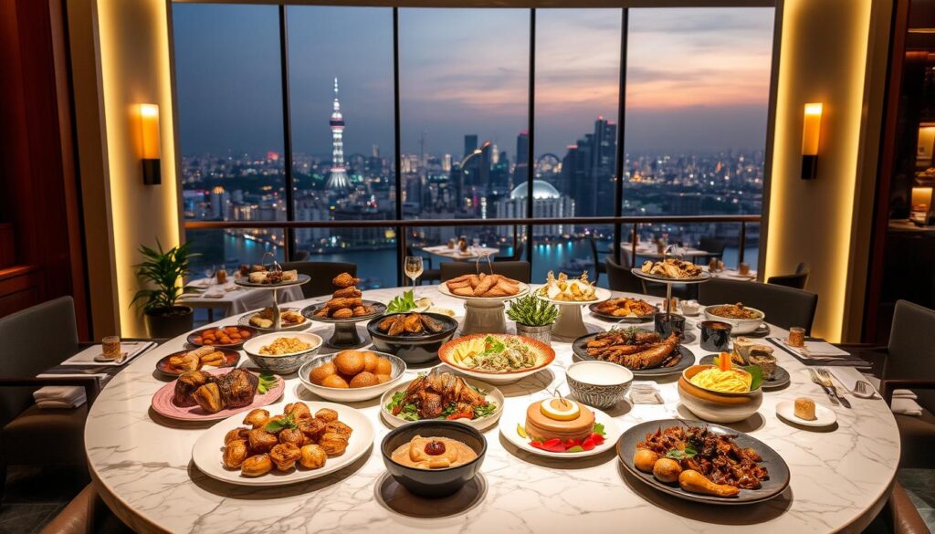 A sumptuous array of exquisite dishes takes center stage in an elegant dining setting. A sleek marble table is adorned with an assortment of tantalizing delicacies, from succulent roasted meats to delicate seafood creations and decadent desserts. Soft, warm lighting casts a inviting glow, creating an atmosphere of refined sophistication. In the background, a panoramic view of Singapore's iconic skyline adds to the ambiance, hinting at the exceptional dining experience within. A team of attentive servers stand ready to cater to every need, ensuring a memorable and indulgent evening for discerning diners.