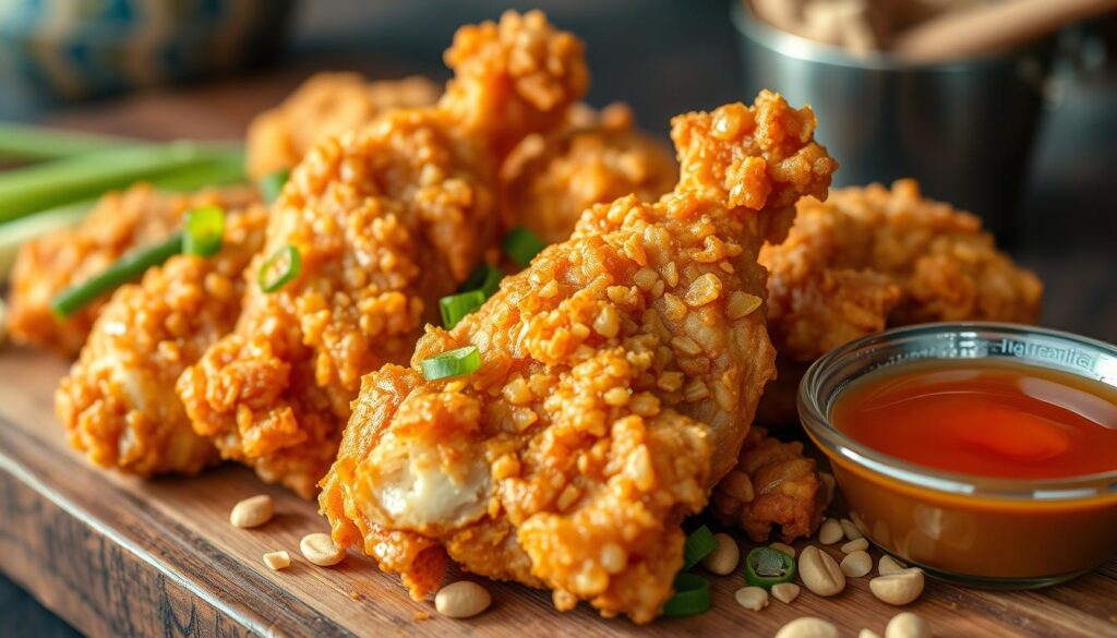 A sumptuous close-up of perfectly crispy Taiwanese fried chicken, its golden-brown exterior glistening under soft, warm lighting. The tender, juicy meat is encased in a delicate, crunchy coating that shatters with each bite. The chicken is arranged artfully on a rustic wooden surface, accompanied by sliced green onions, crushed peanuts, and a small dish of tangy, sweet dipping sauce. The scene exudes an inviting, homey atmosphere, capturing the mouthwatering essence of this iconic Taiwanese street food specialty.