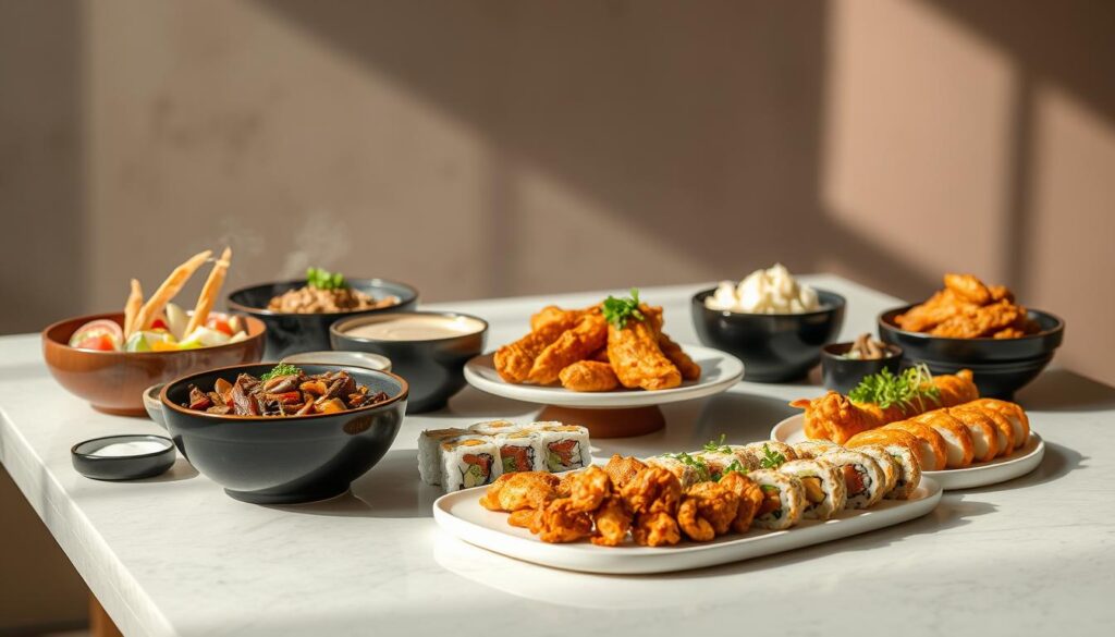 A sumptuous feast of Korean-Japanese fusion dishes, artfully arranged on a sleek, minimalist table. In the foreground, a steaming bowl of Korean beef bulgogi mingles with delicate sushi rolls, their vibrant colors and textures creating a harmonious blend. In the middle ground, a plate of delicate, crisp Korean fried chicken is accompanied by a side of creamy Japanese potato salad. The background features a muted, natural-toned setting, allowing the vibrant flavors and textures of the dishes to take center stage. Soft, natural lighting casts a warm glow, enhancing the inviting atmosphere. The overall scene exudes a sense of refined sophistication, perfectly capturing the essence of the Cafe Gui's Korean-Japanese fusion culinary offerings.