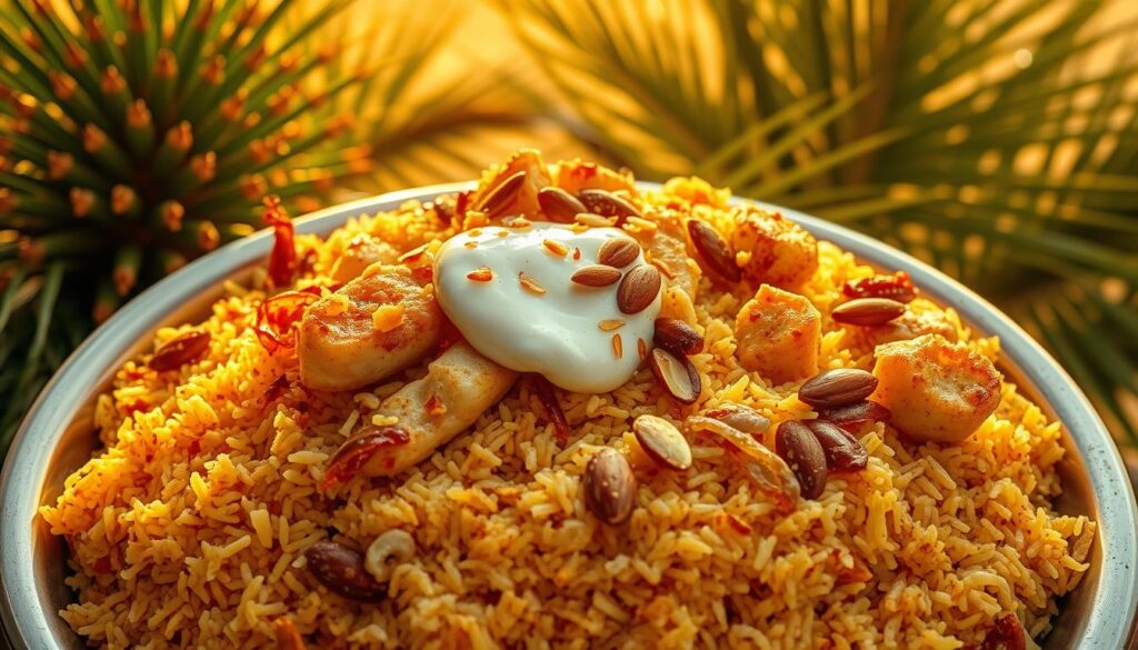 A sumptuous fish biryani dish, its fragrant basmati rice intermingled with flavorful chunks of tender fish, adorned with caramelized onions, saffron-infused yogurt, and a scattering of toasted almonds. Warm lighting casts a golden glow, revealing the vibrant colors and tantalizing aromas. The scene is captured from an overhead angle, showcasing the intricate layers and textures of this mouthwatering culinary delight. A background of lush, verdant spice plants and the hazy silhouettes of palm fronds evoke the essence of a serene, tropical setting. This is a fish biryani lover's dream, a harmonious fusion of flavors and visual splendor.