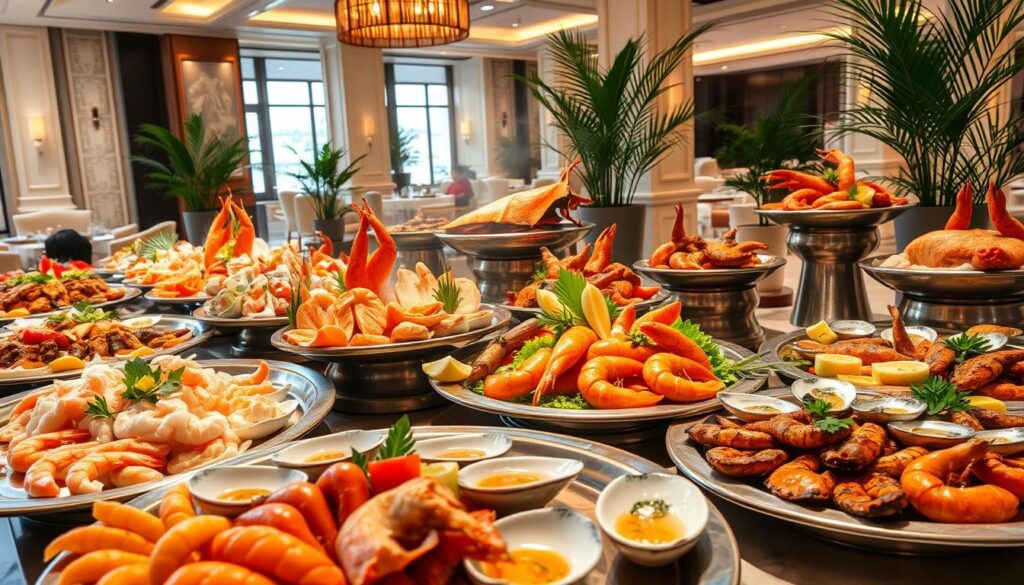 A sumptuous seafood spread laid out on gleaming silver platters, illuminated by soft warm lighting that casts a welcoming glow. In the foreground, a bountiful display of fresh sashimi, succulent prawns, and plump oysters on the half-shell, arranged with artistic flair. In the middle ground, steaming hot dishes of chili crab, grilled stingray, and fragrant seafood laksa, their aromas mingling invitingly. The background reveals a elegant dining room with high ceilings, polished marble floors, and lush tropical foliage framing the scene, creating an atmosphere of refined indulgence. Capture the opulent essence of a Singapore seafood buffet, where the city's vibrant multicultural heritage shines through each delectable morsel.