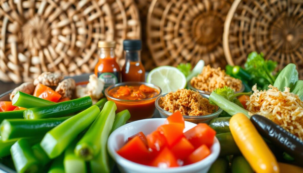 A sumptuous spread of must-try sides and accompaniments for the best Ayam Penyet in Singapore. In the foreground, an assortment of vibrant, fresh vegetables - crisp cucumbers, juicy tomatoes, and tangy pickled chilies. In the middle, a selection of savory condiments, including a rich sambal chili paste, a tangy lime wedge, and a fragrant, aromatic fried shallot garnish. In the background, a backdrop of rustic, woven rattan mats, evoking the casual, authentic ambiance of a traditional Singaporean hawker stall. Soft, natural lighting illuminates the scene, casting a warm, inviting glow and highlighting the textures and colors of the dishes. The overall atmosphere is one of simplicity, freshness, and the perfect complement to the star of the meal - the iconic Ayam Penyet.