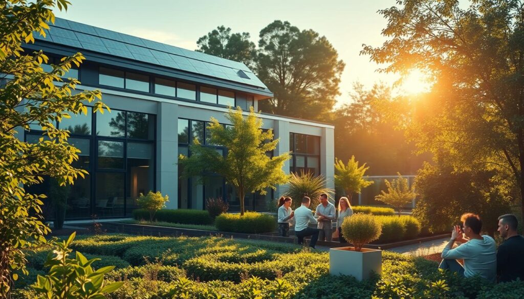 A sustainable corporate office building with solar panels on the roof, surrounded by a lush, verdant garden with thriving trees and plants. The building's facade features large windows that let in natural light, and a team of employees can be seen tending to the garden, demonstrating the company's commitment to environmental responsibility. The scene is bathed in warm, golden light, creating a serene and inviting atmosphere. In the foreground, a group of employees engage in a collaborative meeting, discussing strategies for implementing more sustainable practices within the organization.