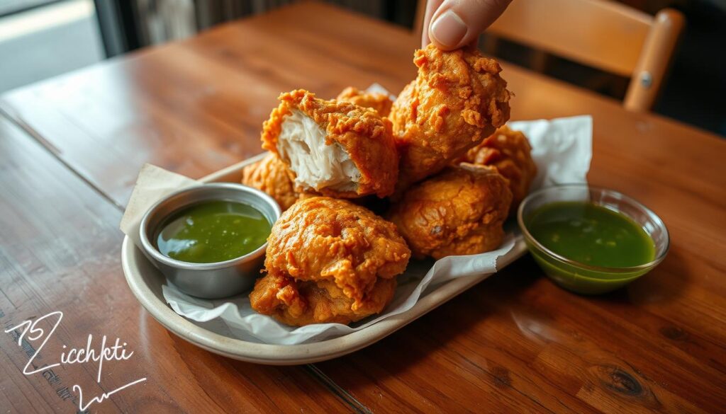 A tantalizing plate of piping hot fried chicken rests on a weathered wooden table, its crisp golden-brown skin glistening under warm overhead lighting. The juicy meat within is revealed as a piece is deftly plucked, a hint of steam escaping. Beside the chicken, a small dish of vibrant green chili sauce beckons, its bold flavor complementing the savory richness. The setting evokes a cozy, neighborhood eatery in Singapore's Potong Pasir district, where this hidden gem, 88 Chicken, serves up its signature dish to a discerning local crowd. The scene conveys a sense of authentic, unpretentious comfort, inviting the viewer to savor every mouthwatering bite.
