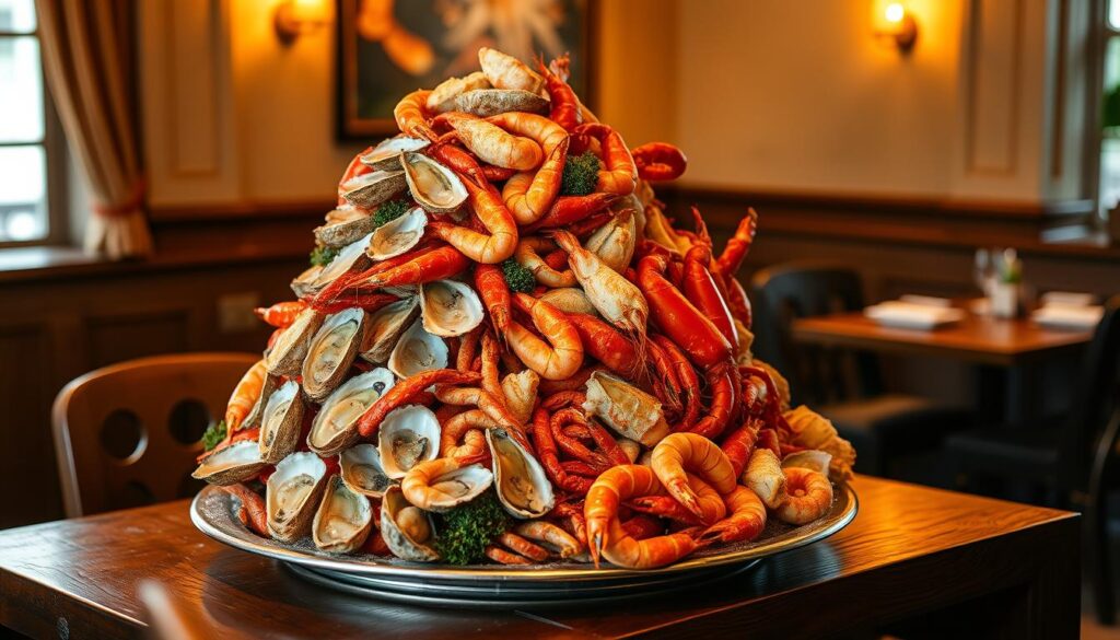 A towering seafood display takes center stage, cascading with fresh oysters, lobster tails, shrimp, and crab legs. The gleaming silver platter rests on a rustic wooden table, bathed in warm, golden lighting that casts a cozy, intimate atmosphere. The scene evokes a homely, French-inspired dining experience, complementing the rich, flavorful cuisine served at Loulou. The composition emphasizes the visual appeal and luxurious indulgence of this seafood extravaganza, perfectly capturing the essence of this Singaporean favorite.