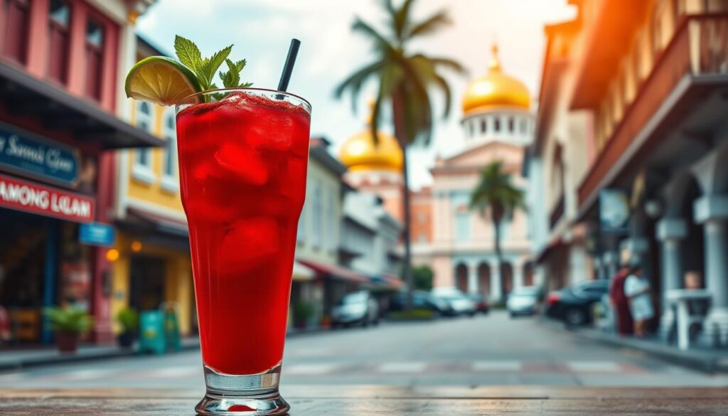 A traditional Malay-style drink set against the vibrant backdrop of Kampong Glam's historic architecture. In the foreground, a tall glass filled with a vibrant red liquid, garnished with a sprig of fresh mint and a wedge of lime. The middle ground showcases the distinct shophouses and buildings that line the bustling streets, their colorful facades reflecting the rich cultural heritage of the neighborhood. In the distance, the iconic golden domes of the Sultan Mosque glisten in the warm, golden afternoon sunlight, creating a serene and inviting atmosphere. The overall composition captures the perfect blend of the area's timeless traditions and modern, trendy vibes.