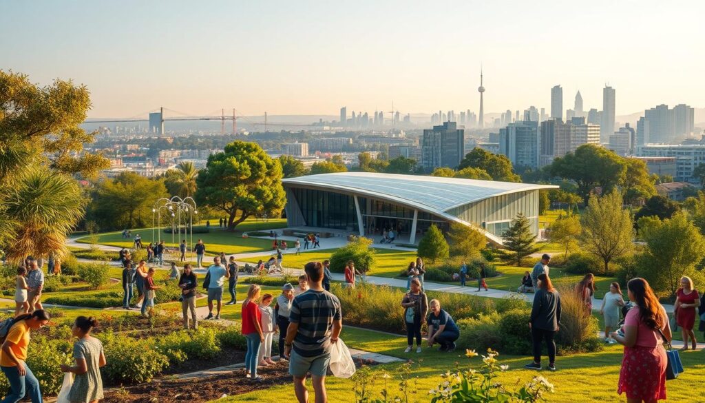 A tranquil scene of a community park, bathed in soft, golden afternoon light. In the foreground, people of diverse backgrounds engage in various social impact initiatives - gardening, cleaning up litter, and hosting educational workshops. The middle ground features a modern, eco-friendly community center, its sleek architecture blending seamlessly with the surrounding greenery. In the background, a panoramic view of the city skyline, a testament to the harmonious integration of urban development and social responsibility. The overall atmosphere conveys a sense of togetherness, sustainability, and a shared commitment to making a positive difference in the local community.