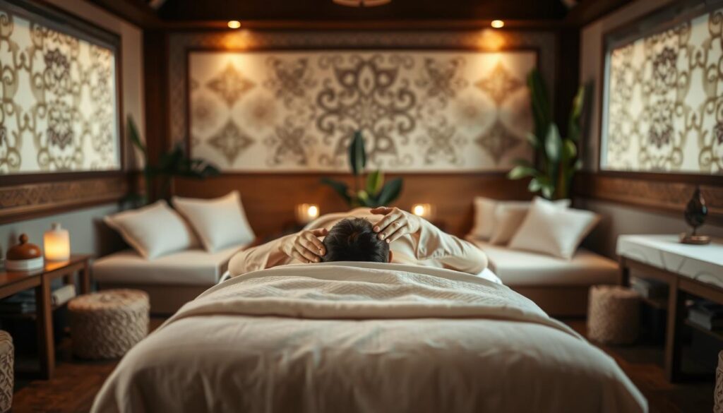 A tranquil scene of a cozy massage parlor interior. In the foreground, a person lies face-down on a massage table, draped in soft white linens. Skilled masseuse's hands gently knead and manipulate the person's back and shoulders, releasing tension. Warm, diffused lighting creates a soothing ambiance, while plush cushions and plants in the middle ground evoke a serene, spa-like atmosphere. The background features Thai-inspired decor, with intricate wall patterns and muted colors conveying a sense of relaxation and traditional wellness practices.