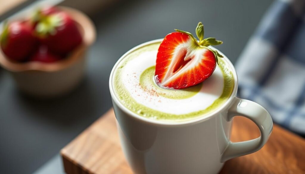 A vibrant and artful strawberry matcha latte, the perfect blend of sweet and earthy flavors. The drink is presented in a minimalist white ceramic mug, with a delicate matcha powder dusting the foamy surface. A single juicy red strawberry, sliced in half, rests elegantly on the edge of the mug, its natural beauty accentuated by the soft, natural lighting. The image is captured from a slightly elevated angle, highlighting the drink's inviting texture and intricate layering. The background is softly blurred, keeping the focus on the exquisite matcha creation. The overall mood is one of refined sophistication and sensory delight, perfectly encapsulating the spirit of unique matcha offerings.