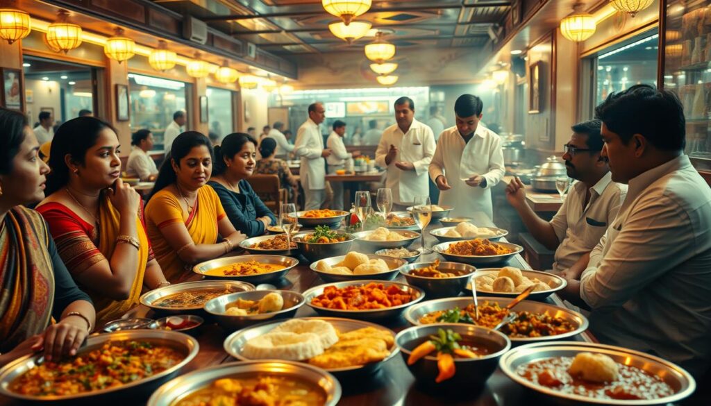 A vibrant and authentic Indian dining experience, capturing the sights, sounds, and aromas of a traditional South Indian restaurant. In the foreground, a table laden with an array of colorful, aromatic dishes - fragrant curries, sizzling dosas, and fluffy idlis, all presented on stainless steel plates. Diners seated around the table, engaged in lively conversation, their faces aglow with the warm, golden lighting that bathes the scene. In the middle ground, servers in crisp white uniforms move gracefully between the tables, delivering steaming dishes and refilling water glasses. The background evokes the bustling atmosphere of a busy South Indian establishment, with the hum of chatter, the clanging of pots and pans, and the tantalizing scents of spices and herbs permeating the air. An immersive, authentic, and mouthwatering depiction of the Indian dining experience.