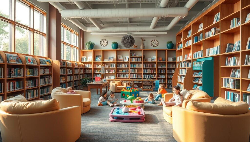 A vibrant and inviting family-friendly library, with warm natural lighting filtering through large windows. Cozy seating areas with plush armchairs and bean bags invite guests to curl up with a good book. Wooden shelves line the walls, brimming with a diverse collection of children's literature, ranging from classic tales to the latest bestsellers. In the center, a dedicated play area features interactive educational toys and puzzles, encouraging young minds to explore and learn. The overall atmosphere is one of comfort, curiosity, and a love for the written word, creating a welcoming space for families to discover the joy of reading together. A vibrant and inviting family-friendly library, with warm natural lighting filtering through large windows. Cozy seating areas with plush armchairs and bean bags invite guests to curl up with a good book. Wooden shelves line the walls, brimming with a diverse collection of children's literature, ranging from classic tales to the latest bestsellers. In the center, a dedicated play area features interactive educational toys and puzzles, encouraging young minds to explore and learn. The overall atmosphere is one of comfort, curiosity, and a love for the written word, creating a welcoming space for families to discover the joy of reading together.