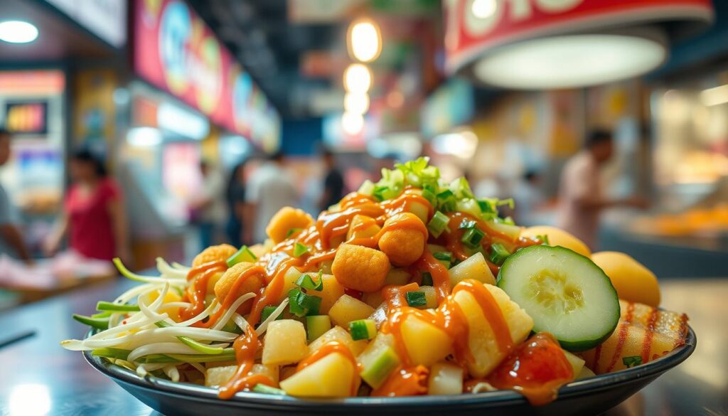 A vibrant, appetizing display of the iconic Singaporean street food, "Singapore Famous Rojak". Freshly chopped vegetables, fruits, and crispy fritters are artfully arranged on a round platter, drizzled with a tangy, sweet-savory peanut sauce. The foreground showcases the dish's textural contrast, with crunchy bean sprouts, juicy pineapple, and springy dough fritters. In the middle ground, halved boiled potatoes and crunchy cucumber slices add color and crunch. The background features a blurred, bustling hawker center, hinting at the dish's street food origins. Soft, warm lighting from overhead illuminates the scene, emphasizing the dish's mouthwatering appeal. The overall composition evokes the lively, communal atmosphere of a Singaporean outdoor food court.