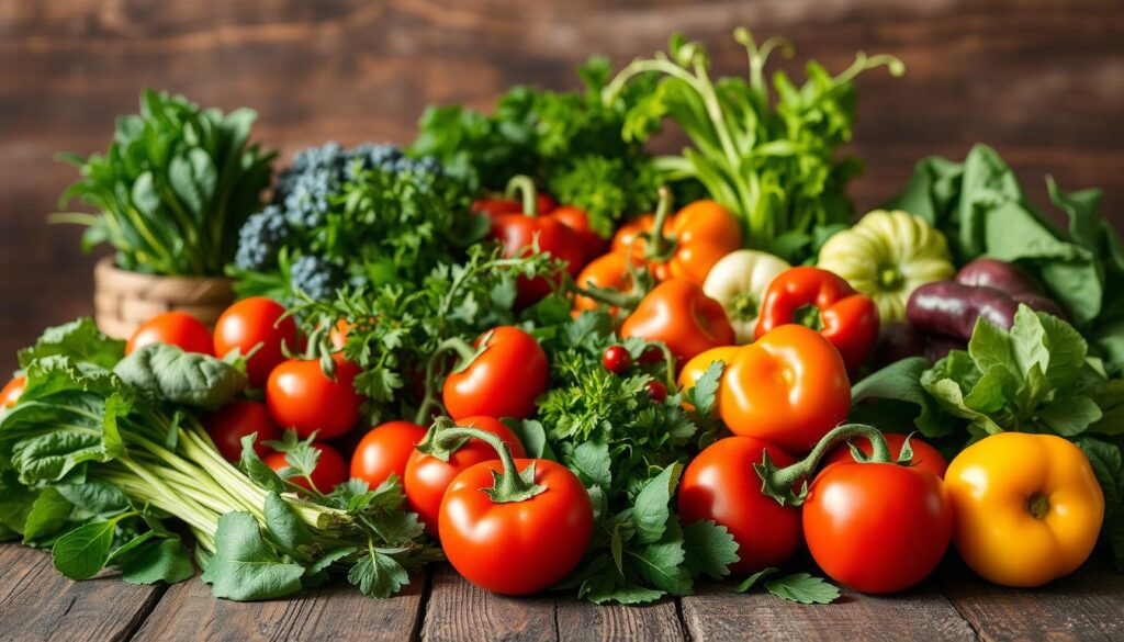 A vibrant arrangement of freshly harvested produce, meticulously displayed on a rustic wooden table. In the foreground, a bountiful selection of crisp vegetables - leafy greens, plump tomatoes, and vibrant peppers - gently illuminated by soft, natural lighting. In the middle ground, an assortment of aromatic herbs, their delicate leaves casting delicate shadows. In the background, a backdrop of earthy hues, hinting at the rich soil from which these ingredients were lovingly cultivated. The scene exudes a sense of culinary potential, inviting the viewer to imagine the flavorful meals that could be crafted from these nourishing, high-quality ingredients.