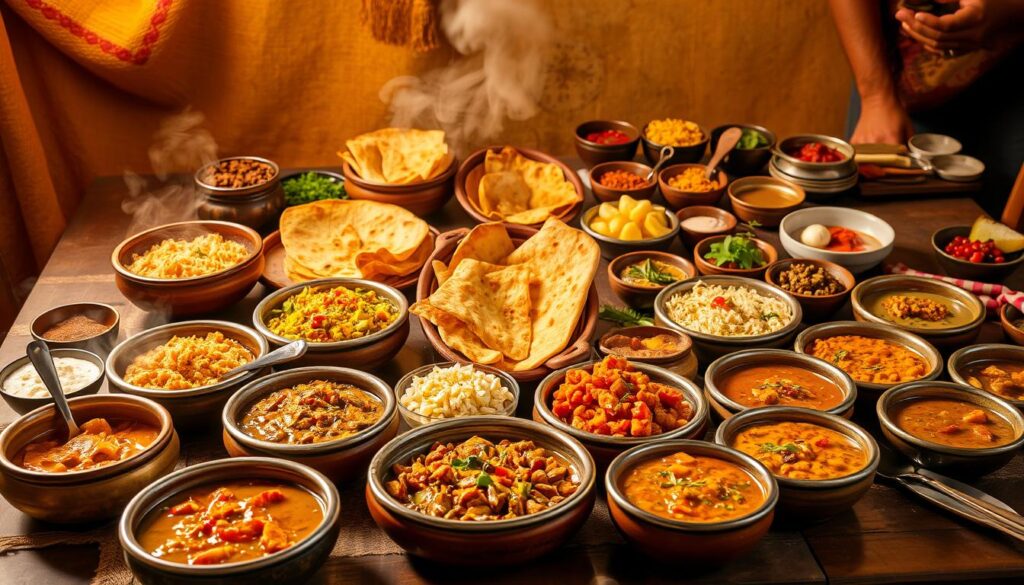 A vibrant array of traditional Indian dishes artfully presented on a rustic table, against a backdrop of warm lighting and rich, textured fabrics. In the foreground, a diverse selection of curries, biryanis, and dals in earthenware bowls, their aromas mingling with the fragrant steam. In the middle ground, freshly baked naan, samosas, and other savory snacks, accompanied by chutneys and pickles in small bowls. The background features colorful spices, herbs, and other ingredients, hinting at the complexity and depth of Indian cuisine. The overall scene conveys a sense of abundance, authenticity, and the welcoming atmosphere of a family-style Indian meal. A vibrant array of traditional Indian dishes artfully presented on a rustic table, against a backdrop of warm lighting and rich, textured fabrics. In the foreground, a diverse selection of curries, biryanis, and dals in earthenware bowls, their aromas mingling with the fragrant steam. In the middle ground, freshly baked naan, samosas, and other savory snacks, accompanied by chutneys and pickles in small bowls. The background features colorful spices, herbs, and other ingredients, hinting at the complexity and depth of Indian cuisine. The overall scene conveys a sense of abundance, authenticity, and the welcoming atmosphere of a family-style Indian meal.