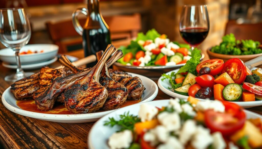 A vibrant, authentic Greek meal unfolds on a rustic wooden table. In the foreground, a hearty plate showcases grilled lamb chops, tender and seasoned to perfection. Alongside, a bed of aromatic roasted vegetables, their caramelized edges glistening under warm, golden lighting. In the middle ground, a crisp Greek salad bursts with the freshness of juicy tomatoes, crunchy cucumbers, and tangy feta. Completing the scene, a carafe of rich, ruby-hued Greek red wine stands ready to complement the flavors. The atmosphere exudes a welcoming, homely ambiance, evoking the convivial spirit of a traditional Greek taverna. Photographed with a wide-angle lens, the image captures the essence of this quintessential Mediterranean culinary experience.