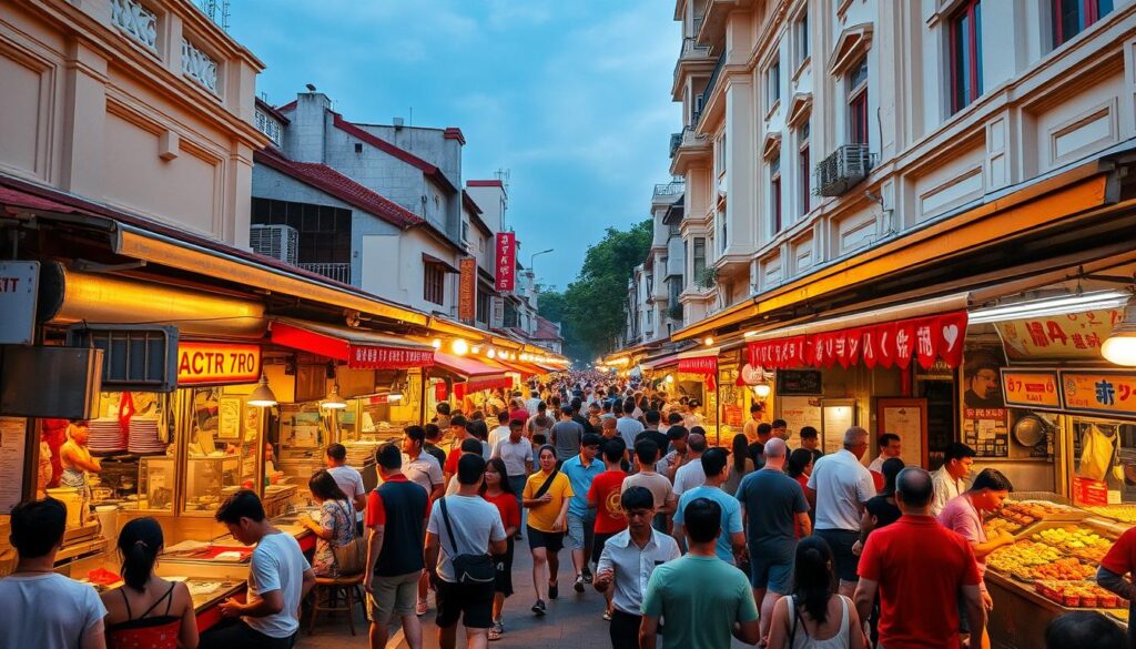 A vibrant, bustling hawker centre in the heart of Tiong Bahru, a neighborhood that seamlessly blends the old and new. Capture the lively atmosphere with an array of colorful stalls, sizzling woks, and a diverse crowd of locals and tourists. Showcase the intricate architectural details of the heritage shophouses that surround the hawker centre, bathed in warm, golden light. Showcase the unique character of this dynamic food hub, where traditional Singaporean dishes and modern culinary innovations coexist in perfect harmony. Convey a sense of energy and community, inviting the viewer to immerse themselves in the authentic, soulful experience of dining at a beloved Tiong Bahru hawker centre.