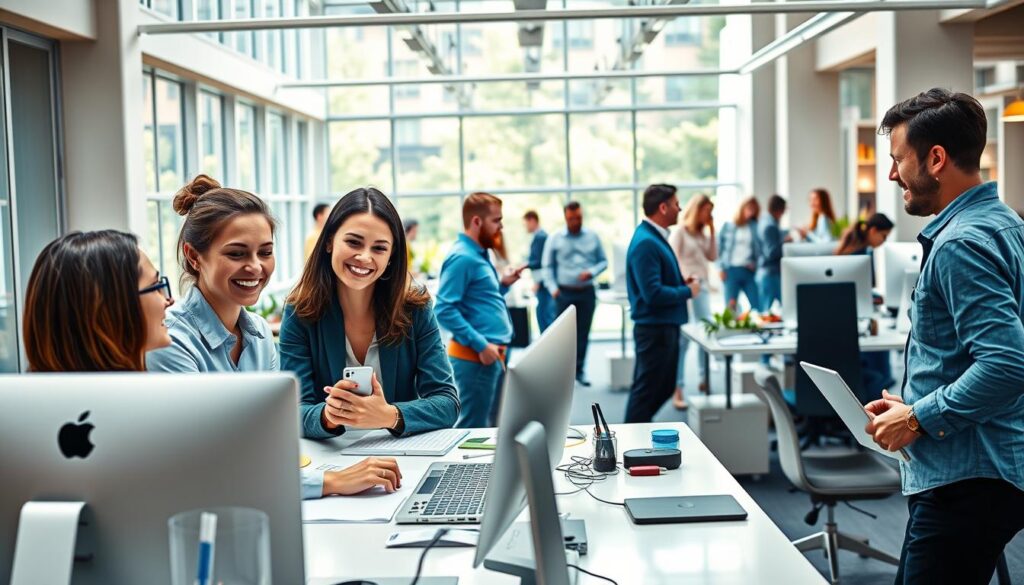 A vibrant, bustling office scene depicting KPMG employees engaged in various tasks. In the foreground, a group of professionals collaborating at a sleek, modern workstation, their expressions conveying a sense of focus and satisfaction. The middle ground showcases an open office layout with employees moving about, some engaged in lively discussions, others typing intently on their laptops. The background features floor-to-ceiling windows, allowing natural light to flood the space and creating an airy, energetic atmosphere. The overall color palette is a harmonious blend of professional grays, blues, and warm accents, reflecting KPMG's corporate identity. The scene conveys a sense of productivity, teamwork, and a positive work culture that prioritizes employee satisfaction.