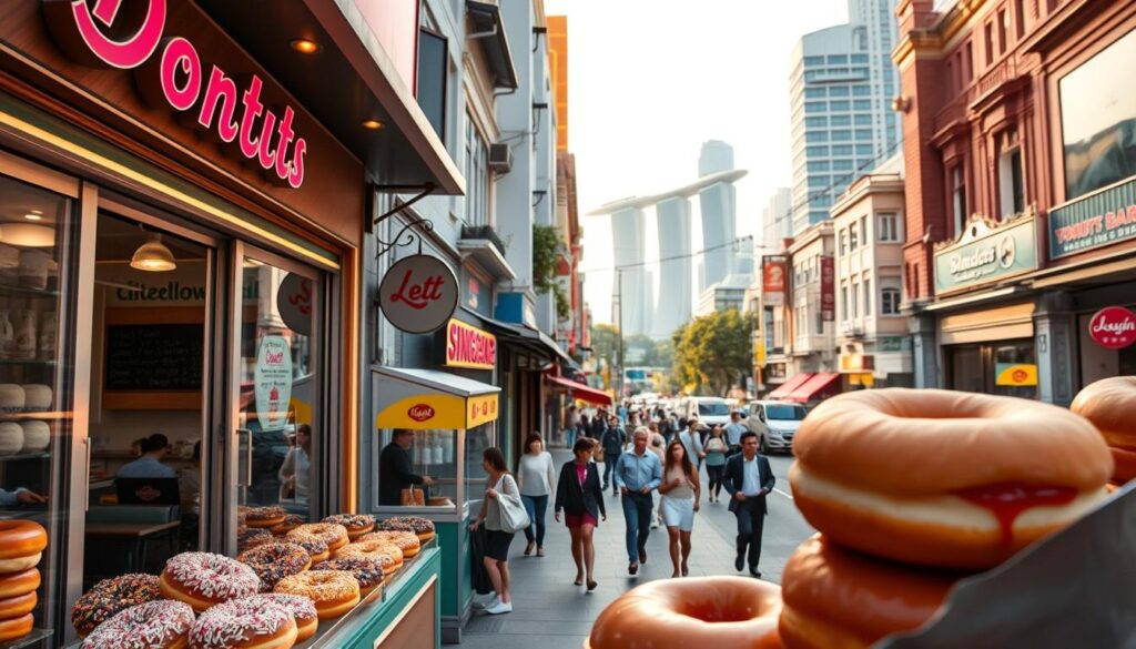 A vibrant cityscape featuring the most renowned donut shops in Singapore, captured in a warm, inviting atmosphere. In the foreground, a colorful array of freshly baked donuts - glazed, sprinkled, and jam-filled - beckons from the display windows of a charming, retro-style bakery. The middle ground showcases the bustling streets of Singapore, with pedestrians weaving between local businesses and modern high-rises. In the background, the iconic Marina Bay Sands and other landmarks create a dynamic skyline, bathed in the soft, golden glow of the afternoon sun. The overall scene exudes a sense of mouthwatering indulgence and authentic Singaporean culture.