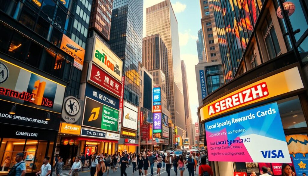 A vibrant cityscape of a bustling commercial district, with a focus on a storefront showcasing a 'Local Spending Rewards' promotion. The scene is captured through a wide-angle lens, emphasizing the urban environment - towering skyscrapers, neon-lit signs, and a throng of pedestrians. Warm, golden lighting casts a welcoming glow, creating a lively, energetic atmosphere. In the foreground, the storefront displays an eye-catching promotional banner highlighting the rewards program, drawing the viewer's attention to the benefits of local spending. The overall composition conveys a sense of modern, dynamic economic activity, reflecting the essence of the 'Best AirMiles Credit Card for Local Spending' section.