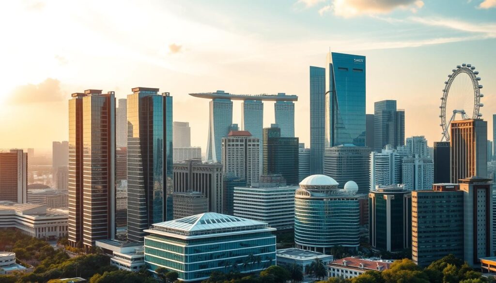 A vibrant cityscape showcases the bustling business district of Singapore. In the foreground, a group of modern high-rise office buildings stand tall, their sleek glass facades gleaming under the warm afternoon sun. The middle ground features a mix of corporate headquarters, tech hubs, and financial institutions, each with a distinct architectural style that reflects the diversity of Singapore's thriving economy. In the background, the iconic Marina Bay Sands complex and the Singapore Flyer Ferris wheel can be seen, providing a stunning backdrop to the scene. The overall atmosphere conveys a sense of energy, prosperity, and innovation - the hallmarks of Singapore's leading employers.