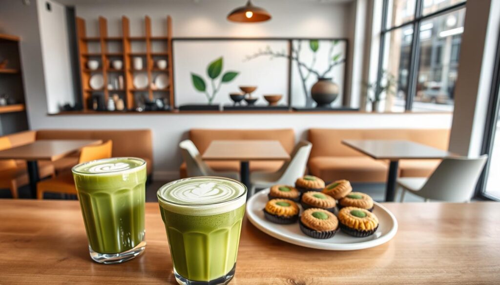 A vibrant collection of matcha drinks set against a minimalist café interior. In the foreground, a trio of artfully crafted matcha lattes with delicate foam patterns, accompanied by a plate of delectable matcha-infused sweets. The middle ground features sleek, modern café furnishings in earthy tones, with large windows allowing natural light to filter in. In the background, a zen-inspired wall display showcases the matcha preparation process, adding a touch of tranquility. The overall atmosphere evokes a sense of urban sophistication and Japanese-inspired serenity. Captured with a wide-angle lens and soft, diffused lighting to highlight the drinks' vivid green hues and the café's clean, minimalist aesthetic.