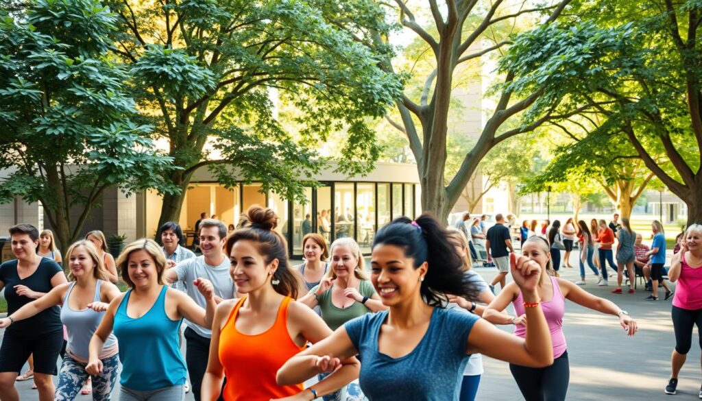 A vibrant community fitness center nestled in a lush, verdant park. In the foreground, a diverse group of individuals engage in a lively exercise class, their faces alight with camaraderie and determination. The middle ground showcases a modern, well-equipped gym, bathed in warm, natural lighting that filters through large windows. In the background, a serene outdoor area invites members to enjoy a refreshing break, with people chatting and socializing under the shade of towering trees. The scene exudes a sense of inclusive, supportive community, where fitness is not just a personal pursuit, but a shared experience of health, wellness, and belonging.