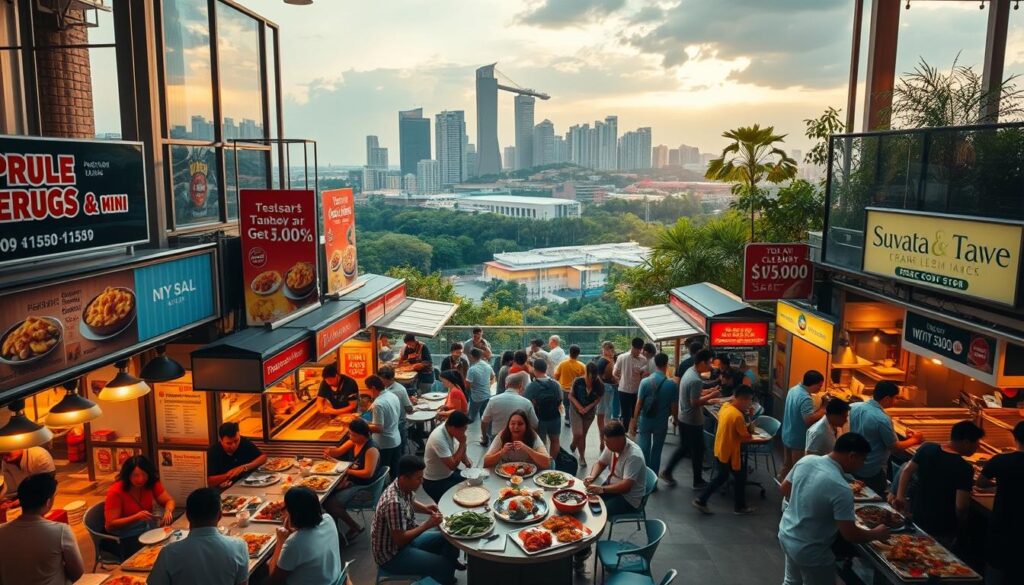 A vibrant food court in Singapore, with an array of delectable local dishes and tantalizing discounts. In the foreground, a central dining area bustling with patrons enjoying steaming plates of savory hawker fare, the fragrance of spices and sizzling woks filling the air. The middle ground showcases a diverse selection of food stalls, their signage advertising tempting promotions and bundle deals. In the background, a panoramic view of the city's iconic skyscrapers and lush greenery, bathed in warm, golden-hour lighting that casts a inviting glow over the entire scene. The overall atmosphere is one of lively energy, culinary delight, and mouthwatering savings.
