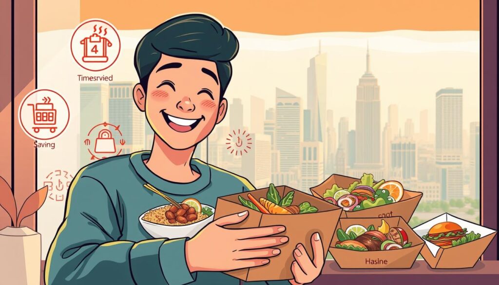 A vibrant illustration showcasing the benefits of food delivery services. In the foreground, a smiling person enjoys a delectable meal delivered right to their doorstep, surrounded by icons representing convenience, time-saving, and hassle-free dining. The middle ground features a diverse array of cuisine options, from steaming hot dishes to fresh salads, all neatly packaged and ready to savor. The background depicts a bustling city skyline, hinting at the wide availability and accessibility of these delivery services. The scene is bathed in warm, natural lighting, creating a cozy and inviting atmosphere. The overall composition conveys the joy, ease, and culinary delight that food delivery can bring to one's daily life. A vibrant illustration showcasing the benefits of food delivery services. In the foreground, a smiling person enjoys a delectable meal delivered right to their doorstep, surrounded by icons representing convenience, time-saving, and hassle-free dining. The middle ground features a diverse array of cuisine options, from steaming hot dishes to fresh salads, all neatly packaged and ready to savor. The background depicts a bustling city skyline, hinting at the wide availability and accessibility of these delivery services. The scene is bathed in warm, natural lighting, creating a cozy and inviting atmosphere. The overall composition conveys the joy, ease, and culinary delight that food delivery can bring to one's daily life.