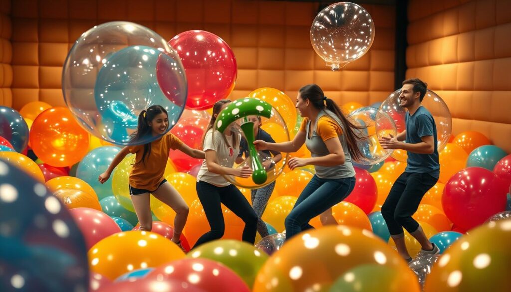A vibrant indoor playground filled with a sea of colorful inflatable bubbles, as friends challenge each other to a friendly game of Bubble Bump. The foreground showcases a group of young adults playfully colliding and bouncing off each other, their laughter and energy palpable. In the middle ground, the space is bathed in warm, diffused lighting, creating a cozy and inviting atmosphere. The background features padded walls and floors, ensuring a safe and engaging environment for this joyful activity. The image conveys a sense of unbridled fun, camaraderie, and the pure delight of letting go and embracing the simple pleasures of interactive bubble-based entertainment.