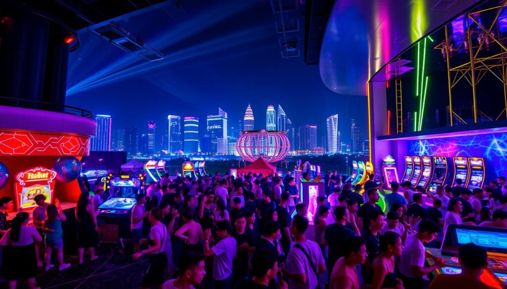 A vibrant nightlife scene in Singapore, illuminated by neon lights and electrifying energy. In the foreground, a crowd of people engaging in lively games and activities, such as interactive dance floors, virtual reality experiences, and competitive arcade challenges. The middle ground features a sleek, modern club interior with dynamic lighting and immersive audiovisual displays. In the background, the iconic skyline of Singapore's cityscape, with skyscrapers and landmarks shimmering in the night. The atmosphere is one of pure excitement and adventure, capturing the essence of Singapore's unique and thrilling nightlife experiences.