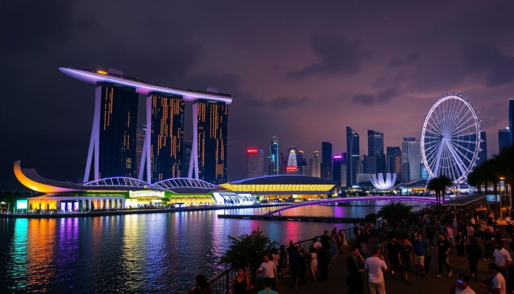 A vibrant nightscape of Marina Bay Sands, Singapore's iconic architectural marvel. The foreground captures the sleek, futuristic design of the hotel and casino complex, with its three towers connected by a breathtaking SkyPark. Glittering lights and neon signs illuminate the bustling scene, reflecting on the tranquil waters of the bay. In the middle ground, crowds of people stroll along the promenade, enjoying the lively atmosphere and stunning views. The background showcases the city's stunning skyline, with towering skyscrapers and the iconic Singapore Flyer ferris wheel silhouetted against a dramatic, moody sky. The lighting is warm, inviting, and evocative of the energy and excitement of Singapore's world-class nightlife.