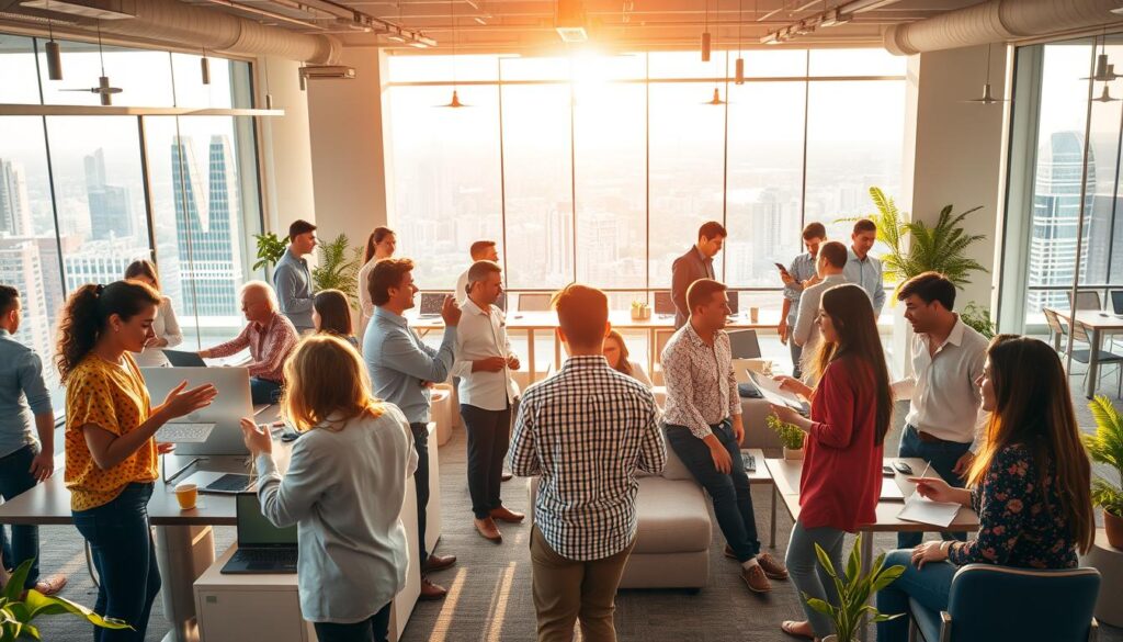 A vibrant office setting showcasing a thriving company culture. In the foreground, a diverse group of employees engaged in lively discussions, collaborating on projects, and enjoying their work environment. In the middle ground, an open-plan workspace with comfortable seating areas, modern furnishings, and abundant natural light, conveying a sense of creativity and productivity. In the background, a panoramic view of a dynamic cityscape, hinting at the abundant career opportunities the company offers. The scene is bathed in warm, natural lighting, creating a welcoming and inspiring atmosphere that captures the essence of a best-in-class workplace.