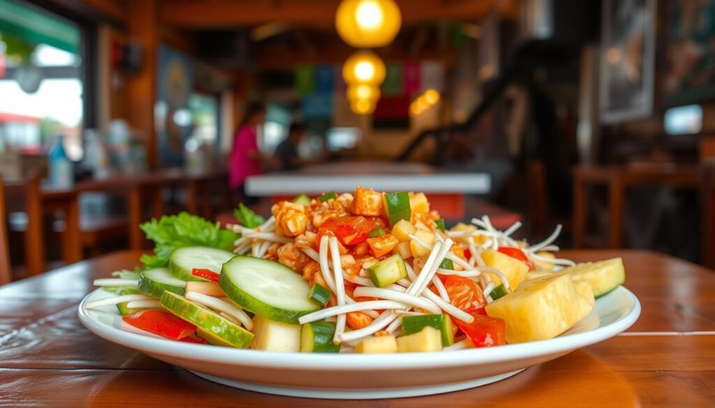 A vibrant plate of Soon Heng Rojak, a beloved Singaporean street food delicacy. The foreground features an array of fresh, crunchy vegetables and fruits, including jicama, cucumber, pineapple, and bean sprouts, artfully arranged. The middle ground showcases the signature rojak sauce, a rich, savory-sweet concoction made with shrimp paste, chili, and lime. In the background, a rustic wooden table sets the stage, with a warm, natural lighting illuminating the scene. The overall composition evokes the lively, casual atmosphere of a bustling Singaporean hawker center, where this iconic dish is often enjoyed by locals and visitors alike.