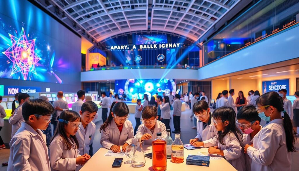 A vibrant science-themed birthday celebration at the Singapore Science Centre. In the foreground, a group of children in lab coats and safety goggles gather around a central table, engaged in hands-on experiments and demonstrations. The middle ground features interactive exhibits and displays showcasing the wonders of science, with colorful lighting and dynamic visual effects. In the background, the iconic architecture of the Science Centre provides an impressive and modern backdrop, bathed in a warm, inviting glow. The atmosphere is one of curiosity, discovery, and pure delight as the young partygoers immerse themselves in the fascinating world of science.