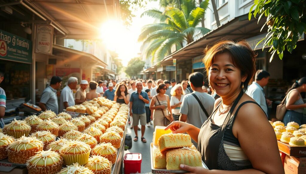 A vibrant street market in Singapore, bustling with locals and tourists browsing stalls overflowing with freshly baked pandan cakes. Warm afternoon sunlight filters through the canopies, casting a golden glow on the delicate green-hued cakes topped with toasted coconut shreds. In the foreground, a friendly vendor eagerly displays her wares, inviting passersby to sample the irresistible fragrance. The middle ground is filled with shoppers examining the cakes, discussing their favorite bakeries. In the background, colorful shophouses and lush tropical foliage frame the scene, creating a quintessentially Singaporean atmosphere.
