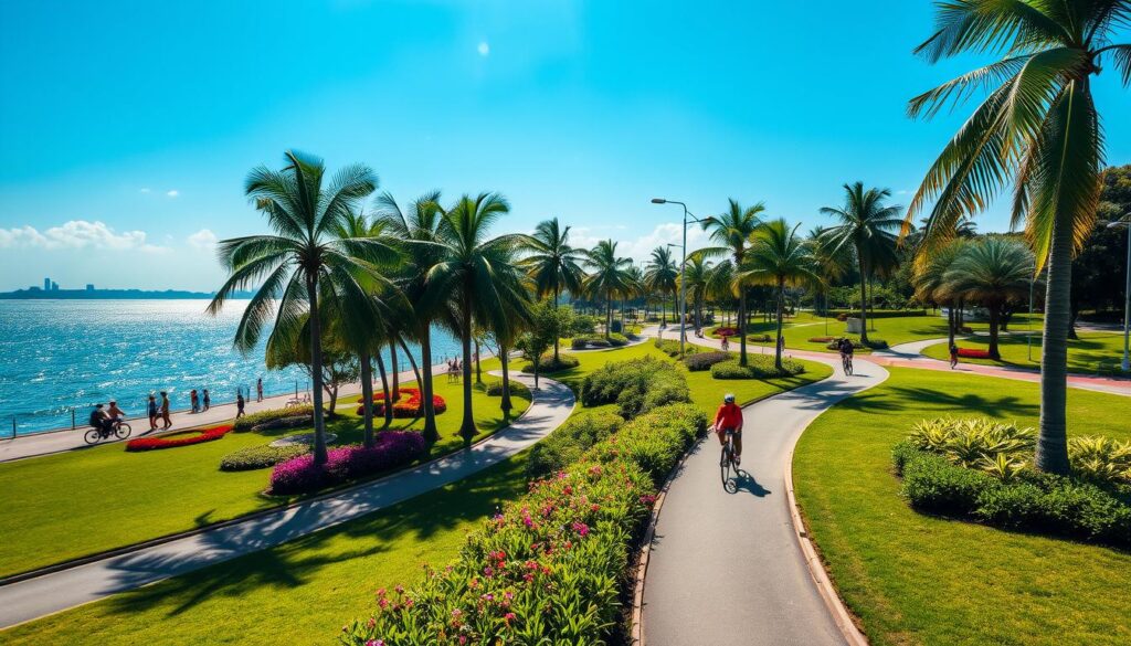 A vibrant, sun-dappled scene of East Coast Park, a renowned cyclist's paradise in Singapore. In the foreground, a winding path cutting through lush, verdant greenery, lined with graceful palm trees and blooming flowers. In the middle ground, cyclists and pedestrians leisurely navigating the well-maintained trails, capturing the park's serene atmosphere. In the background, the shimmering waters of the East Coast lagoon, reflecting the azure sky above. Crisp, warm lighting bathes the entire scene, creating a sense of tranquility and outdoor adventure. The image conveys the park's status as a beloved urban oasis, a peaceful respite from the city's bustling energy.