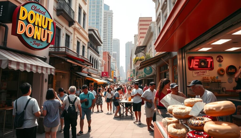 A vibrant, sun-drenched street in Singapore, bustling with locals and tourists alike. In the foreground, a quaint donut shop with a colorful, neon-lit sign beckons passersby. The display case is filled with a tempting array of gourmet donuts - glazed, sprinkled, and filled with an assortment of decadent creams and jams. Customers spill out onto the sidewalk, eagerly devouring their sweet treats. In the middle ground, families and friends gather at outdoor tables, chatting and laughing as they savor the delicious donuts. The background is a tapestry of Singapore's iconic architecture, from towering skyscrapers to charming heritage buildings. The scene radiates a sense of joy, indulgence, and Singapore's deep-rooted love for this beloved pastry.